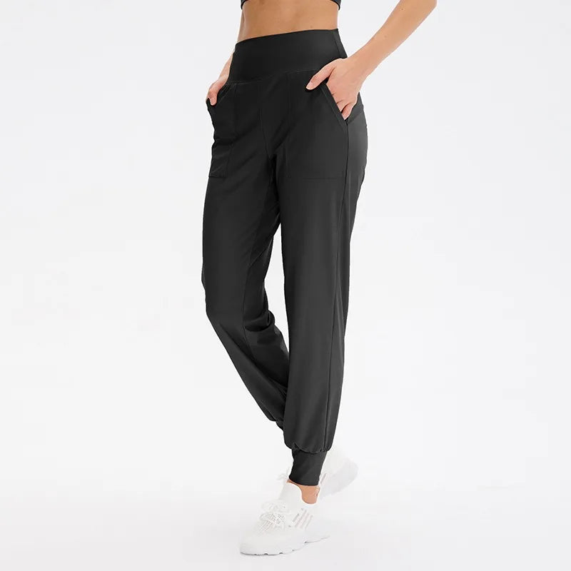 Women's High Waist Nylon Blend Workout Pants with Side Pockets and Cuffed Ankles