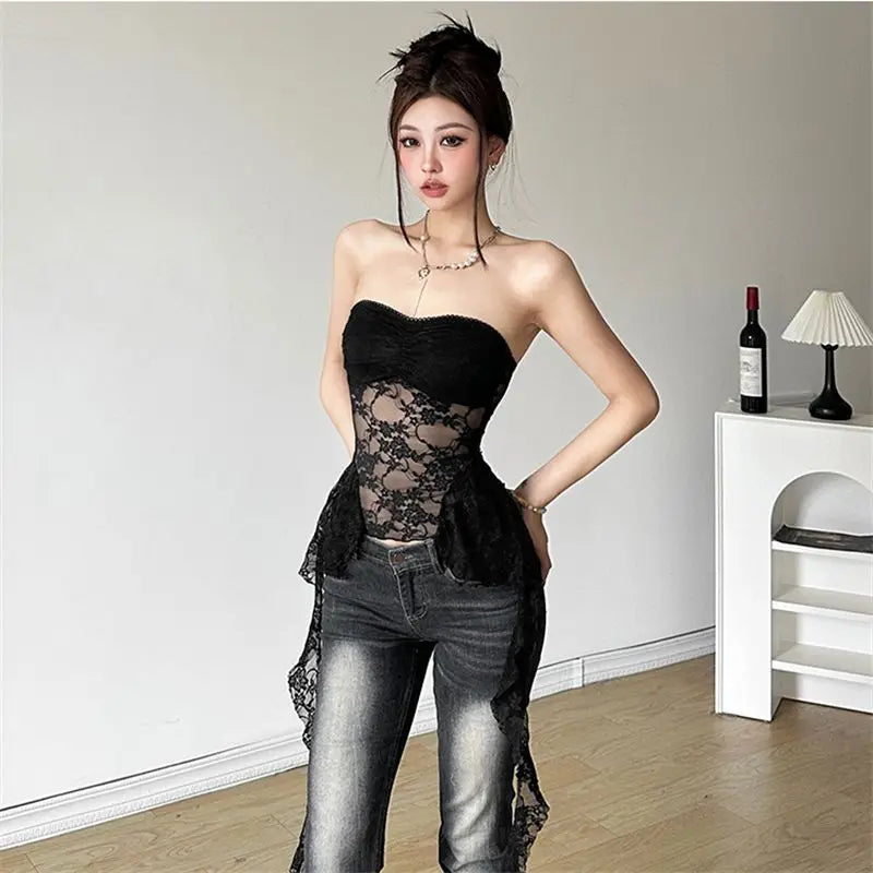Women's Strapless Lace Crop Top with an Asymmetric Hem and Fitted Shape