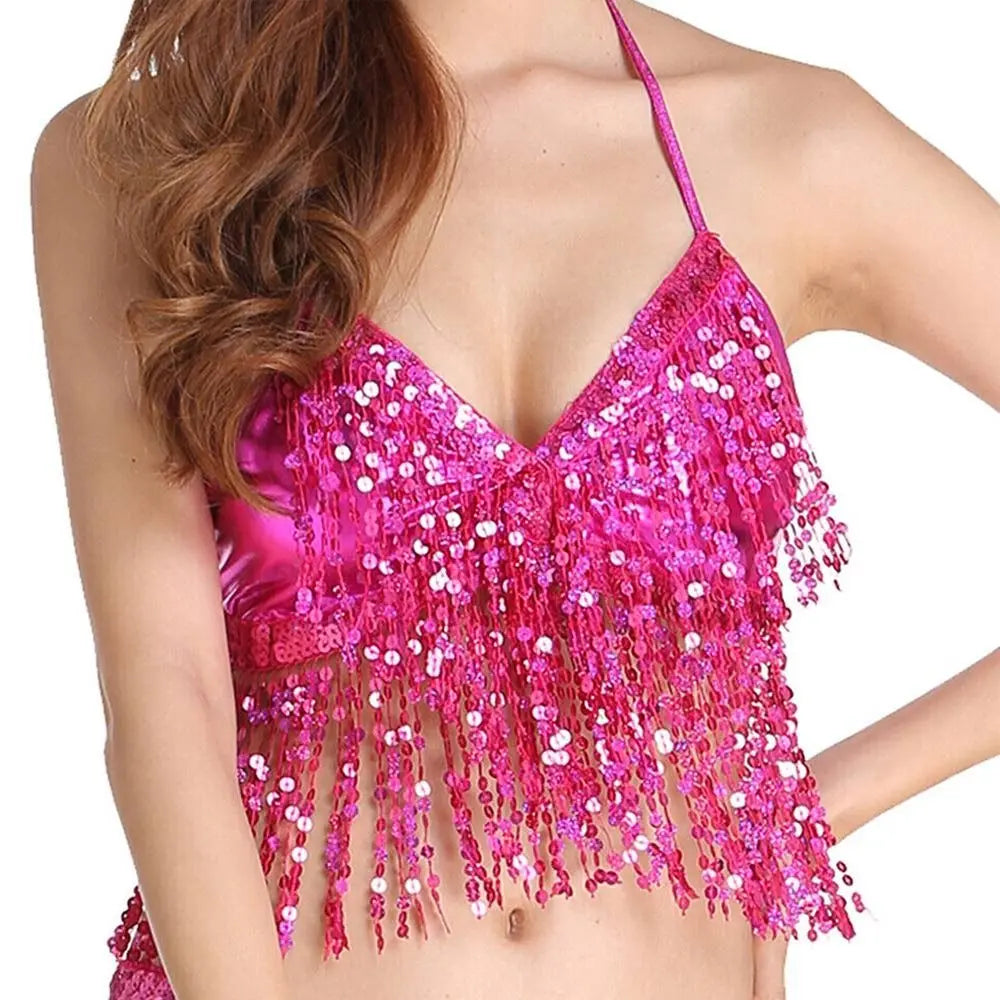 Women's Sequin Fringe Halter Crop Top for Belly Dance Outfits