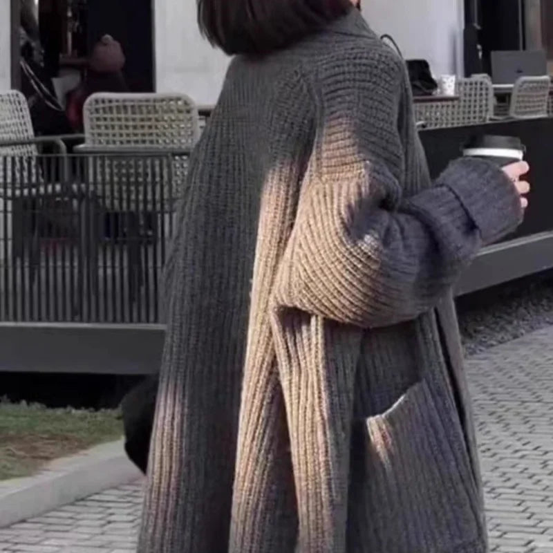 Autumn/Winter Thickened 100% Pure Wool Women's Turn-down Collar Knitted Cardigan Loose Sweater Coat Top Mid-long Length