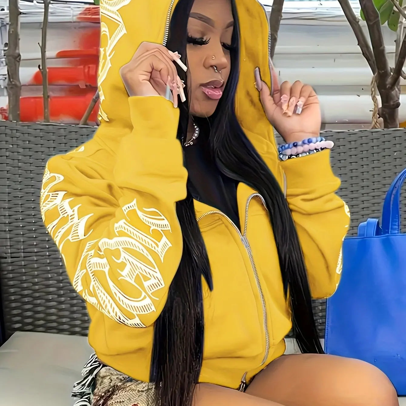 Letter Graphic Long Sleeve Full Zip Casual Hoodie