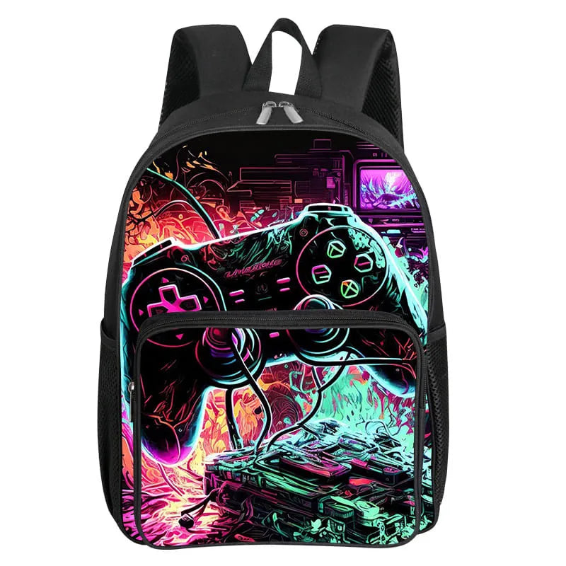 Children's Gamepad Print Backpack with Front Pocket and Twin Shoulder Straps