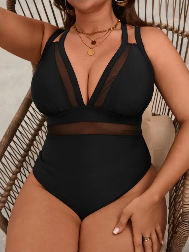 Women's Mesh Waist Strappy Plunge Neck One Piece Swimsuit