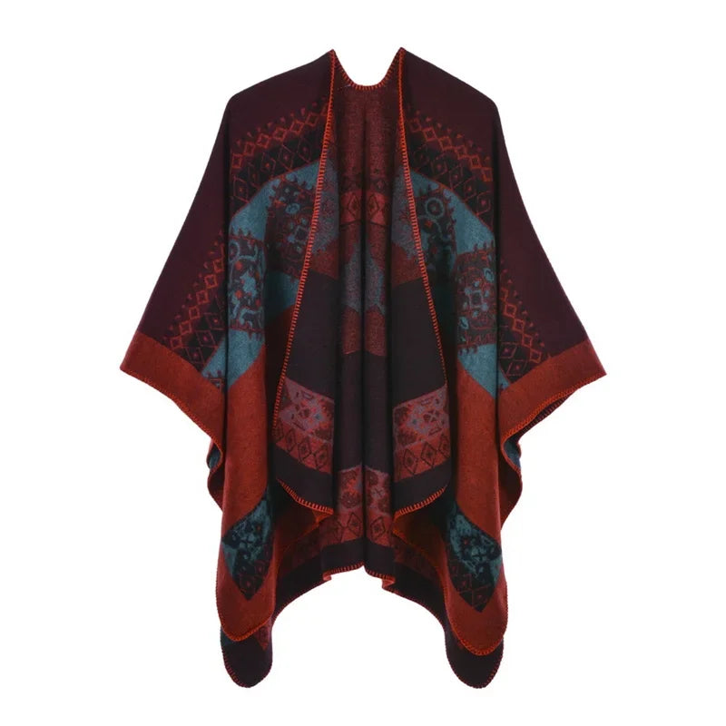 Patterned Fringed Open Front Poncho for Layering over Outfits