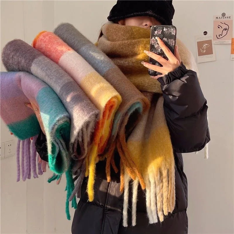Multicolor Plaid Scarf with Long Shape and Fringed Ends