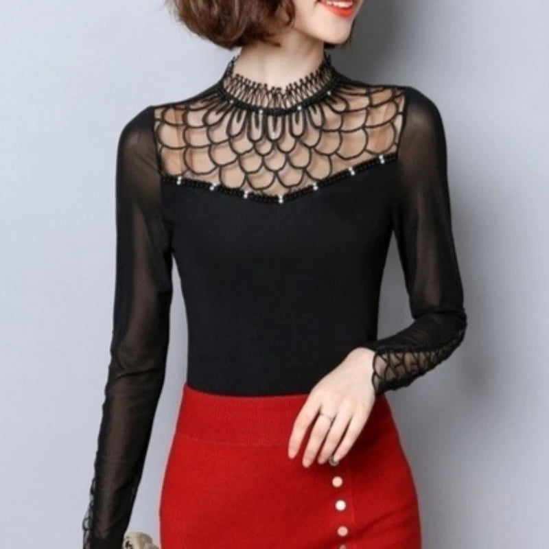 Women's Polyester Long-Sleeve High-Neck Lace Blouse with Geometric Detail for Dressy Outfits