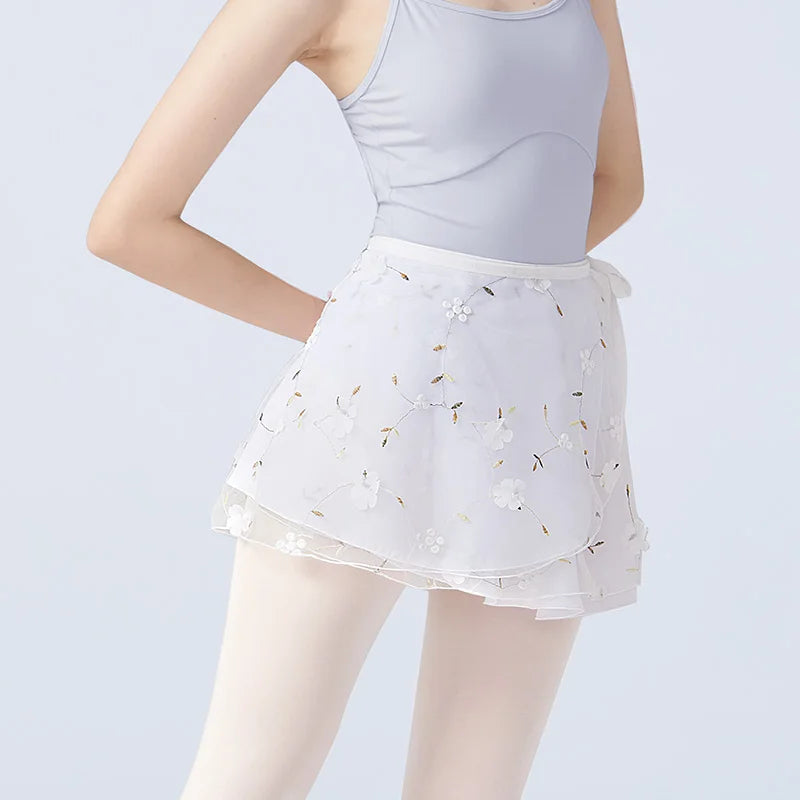Women's Floral Embroidered Ballet Wrap Skirt with Two Layer Mini Design