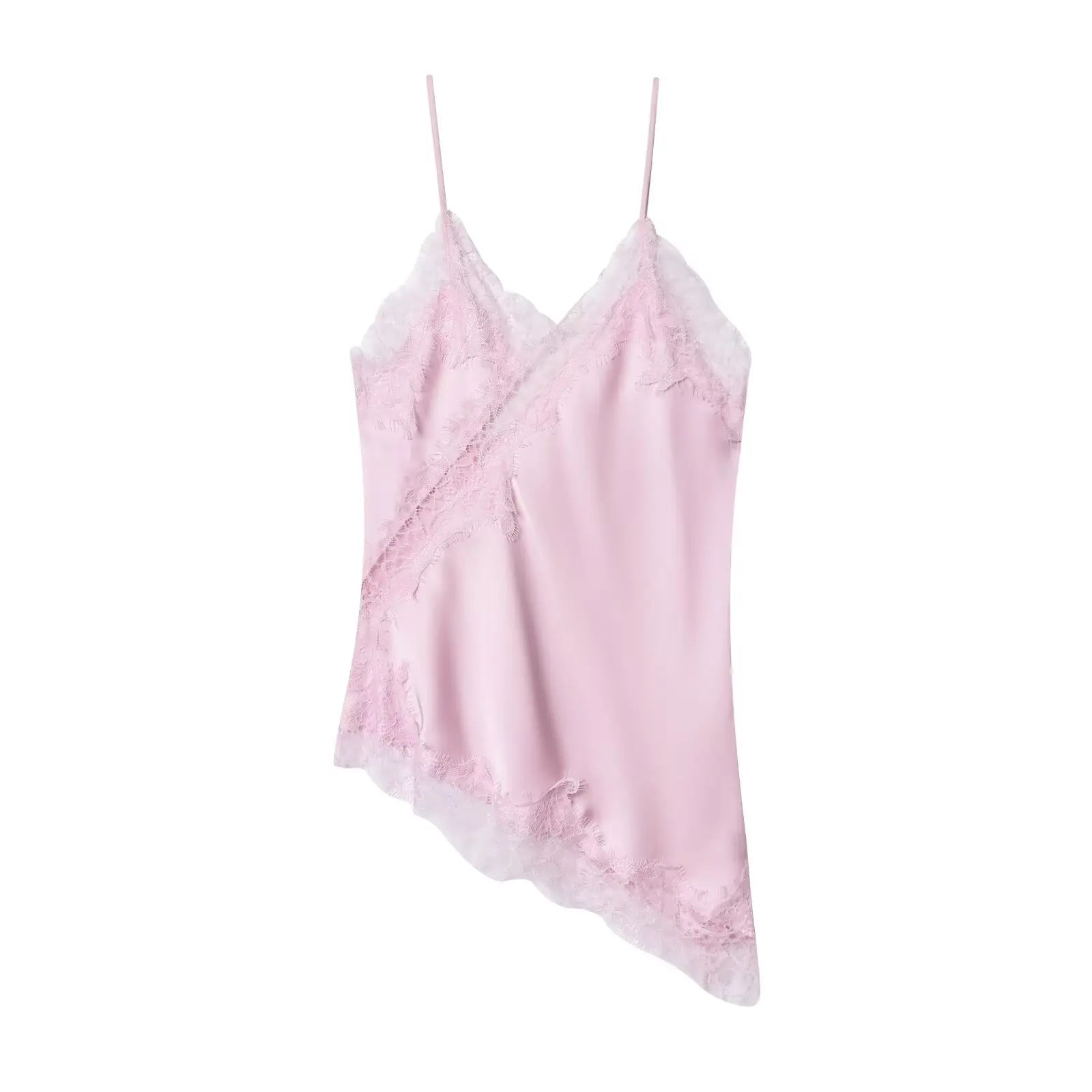Women's Lace Trim Satin Polyester Camisole with Asymmetric Hem and Length Options