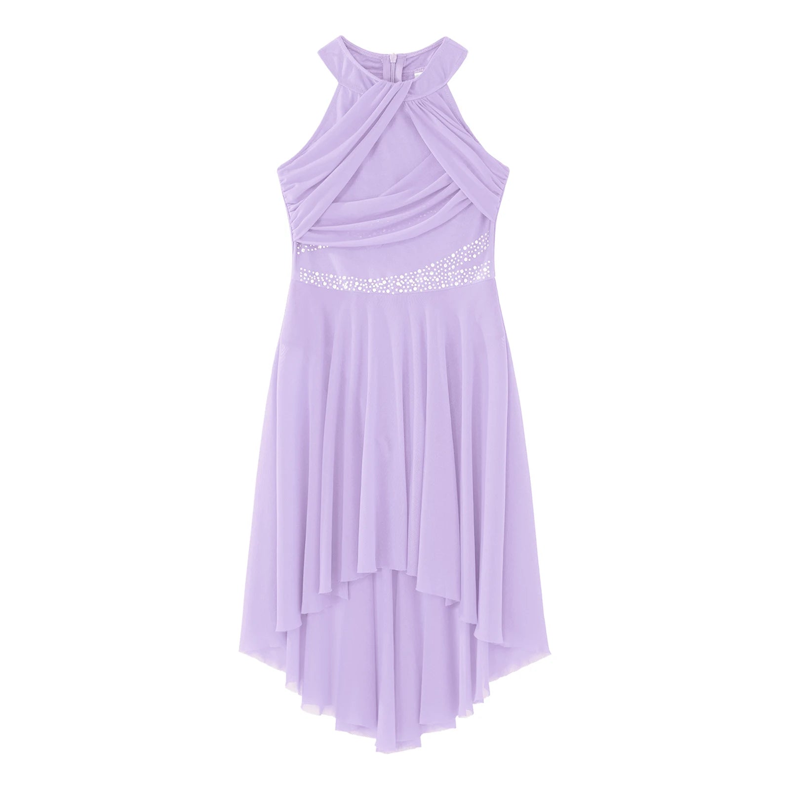 Girls' Sleeveless Rhinestone Ballet Dress with Asymmetric Mesh Skirt Overlay