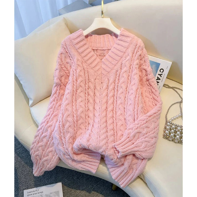 Women's V Neck Cable Knit Sweater Casual Knit Layer