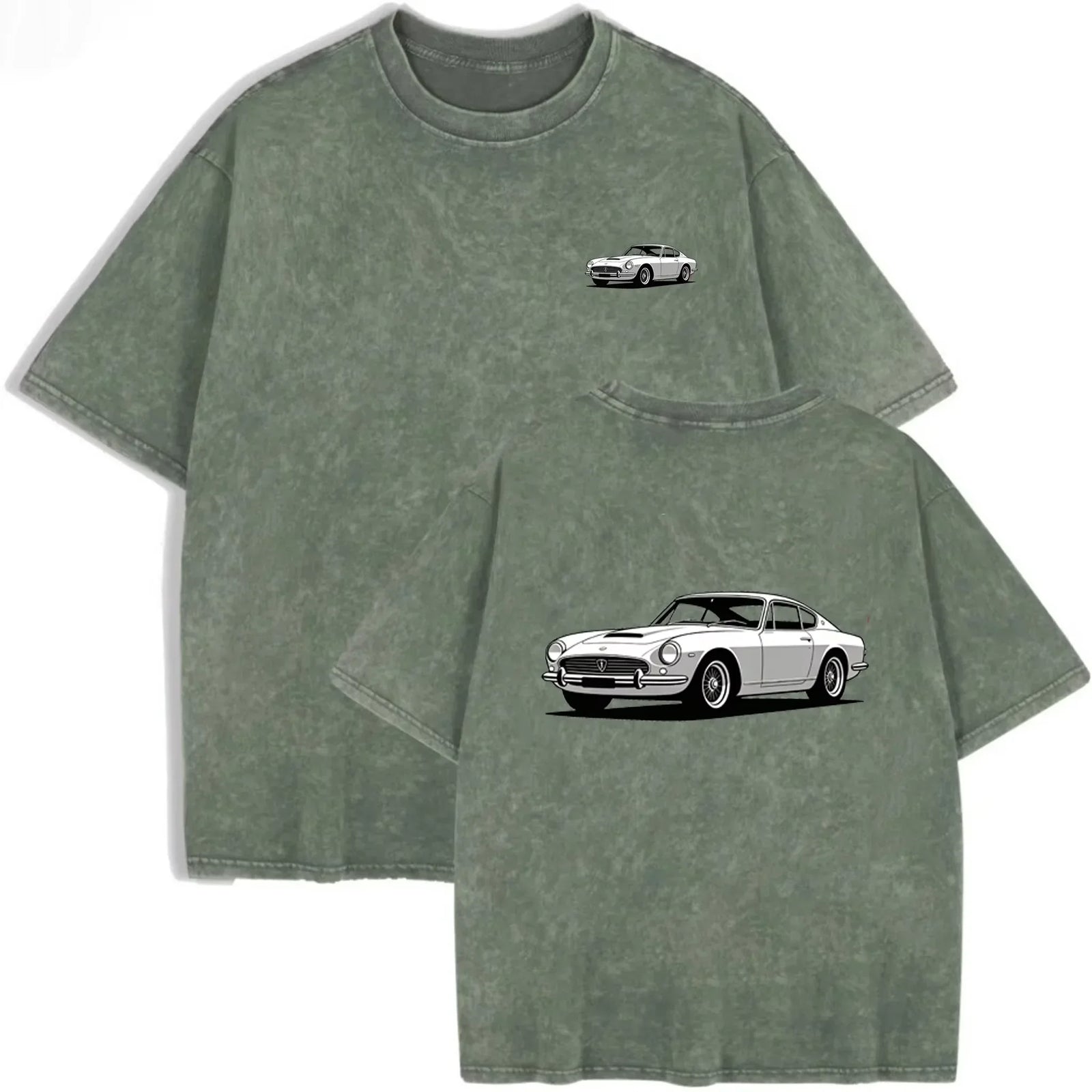 Teal Acid Wash Retro Vintage Coupe Car Print Classic Car Lover Casual Tee