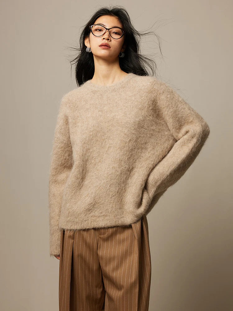 Women's Fluffy Crew Neck Long Sleeve Sweater Casual Knit Layer