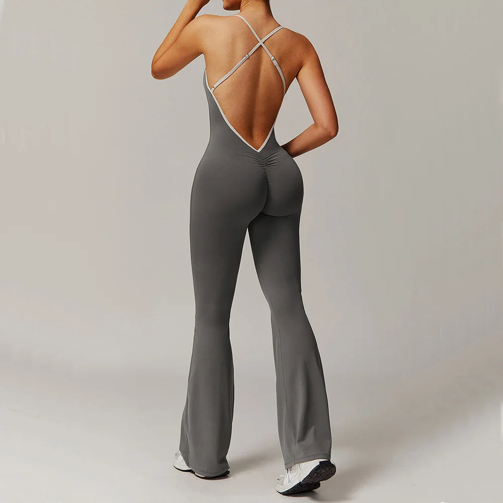 Women's Sleeveless Nylon Blend Flared Workout Jumpsuit with Scoop Neck