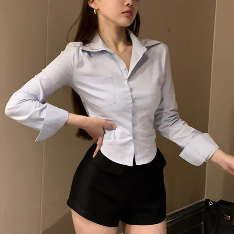 Women's Long Sleeve Button Front Pocket Detail Shirt