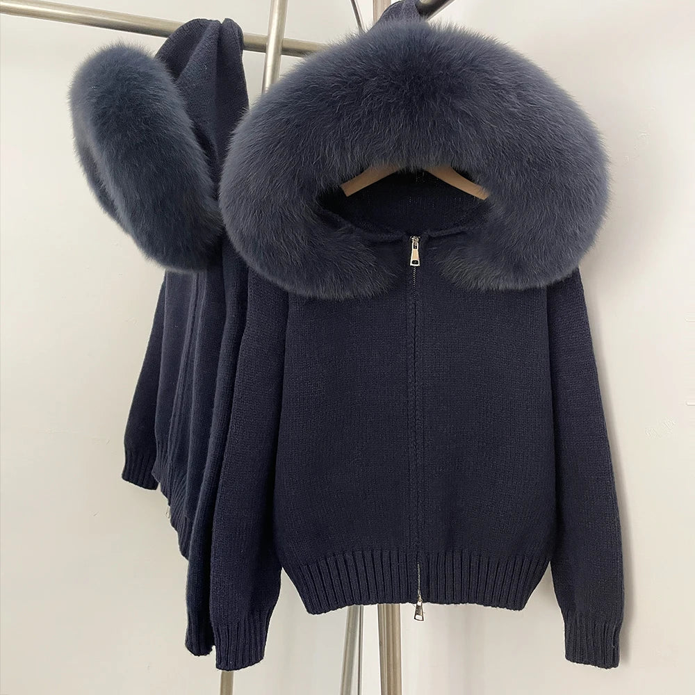 Women's Hooded Zip Front Fluffy Trim Jacket Casual Knit Layer
