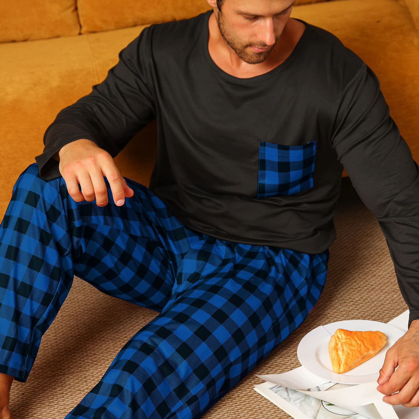 Men's Long Sleeve Pocket Top and Plaid Pants Pajama Set
