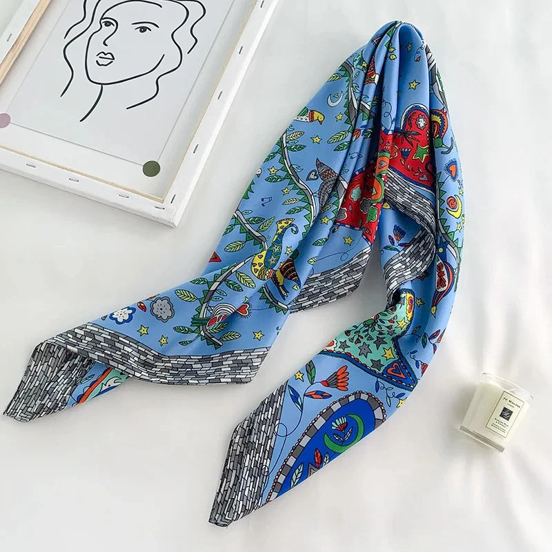 Printed Large Square Scarf with Decorative Border Designs
