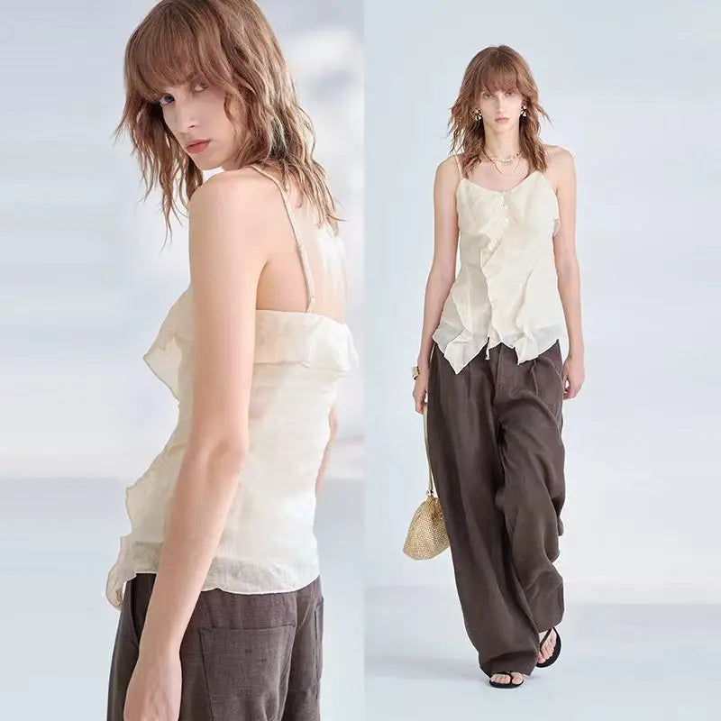 Women's Ramie Sleeveless Camisole Top with Asymmetric Hem and Decorative Front Buttons