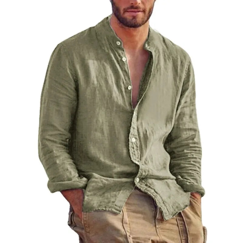 Men's Solid Stand-Collar Long-Sleeve Button-Front Shirt for Casual Everyday Wear and Layering