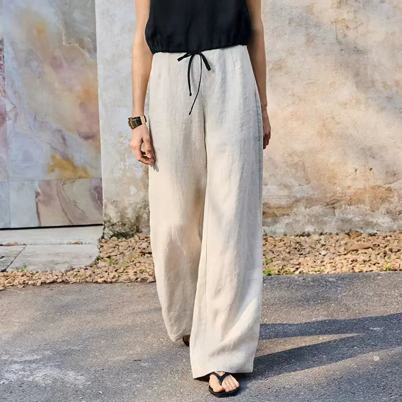 Women's Linen Loose Straight-Leg Pants with Drawstring Waist for Casual Daily Wear