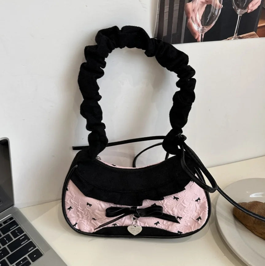 Ribbon Shoulder Handbag with Gathered Handle and Decorative Lace