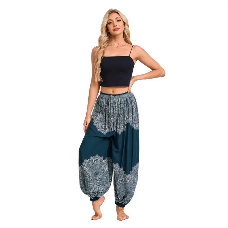 Women's Printed Rayon Harem Pants with Elastic Waist and Loose Gathered Legs