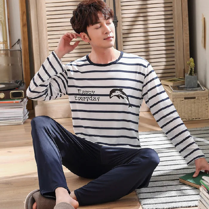 Men's Striped Graphic Long Sleeve Top and Pants Pajama Set