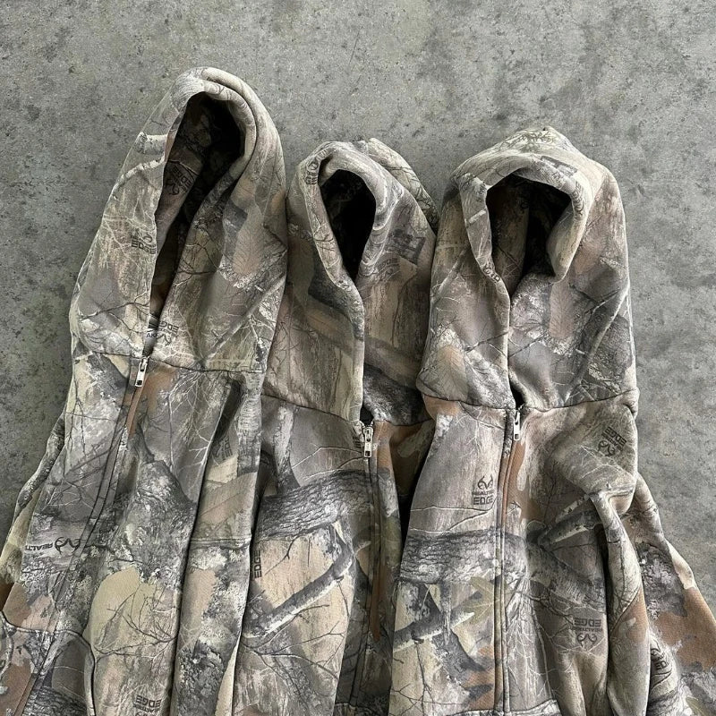 Camouflage Loose-Fit Long-Sleeve Zip-Front Hoodie