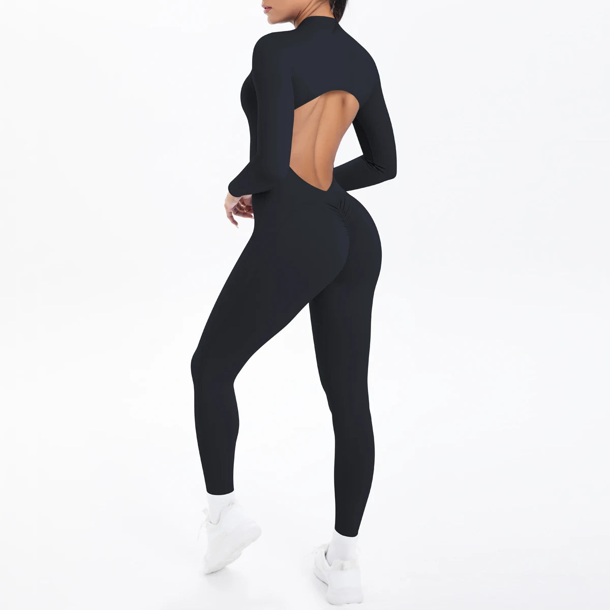 Women's Open Back Nylon Blend Workout Jumpsuit with Zipper and Sleeve Options