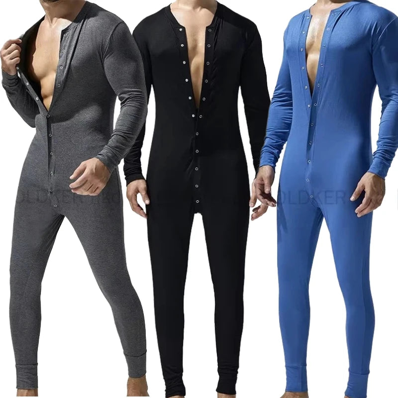 Men's Button Front Long Sleeve Pajama Jumpsuit for Home Wear