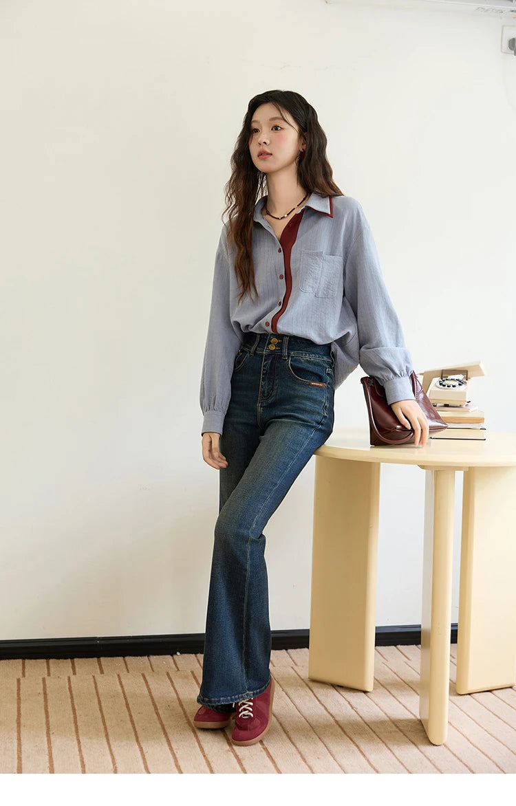 Women's Striped Shirt with Contrast Collar and Buttons