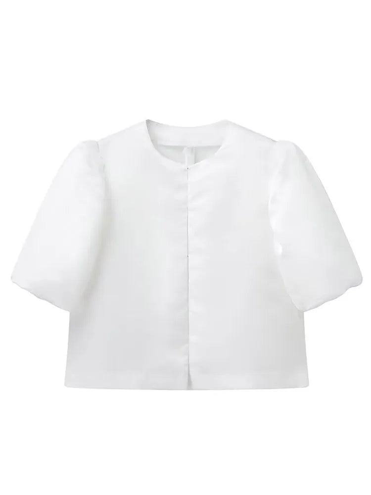 Women's Round Neck Puff Sleeve Cropped Blouse