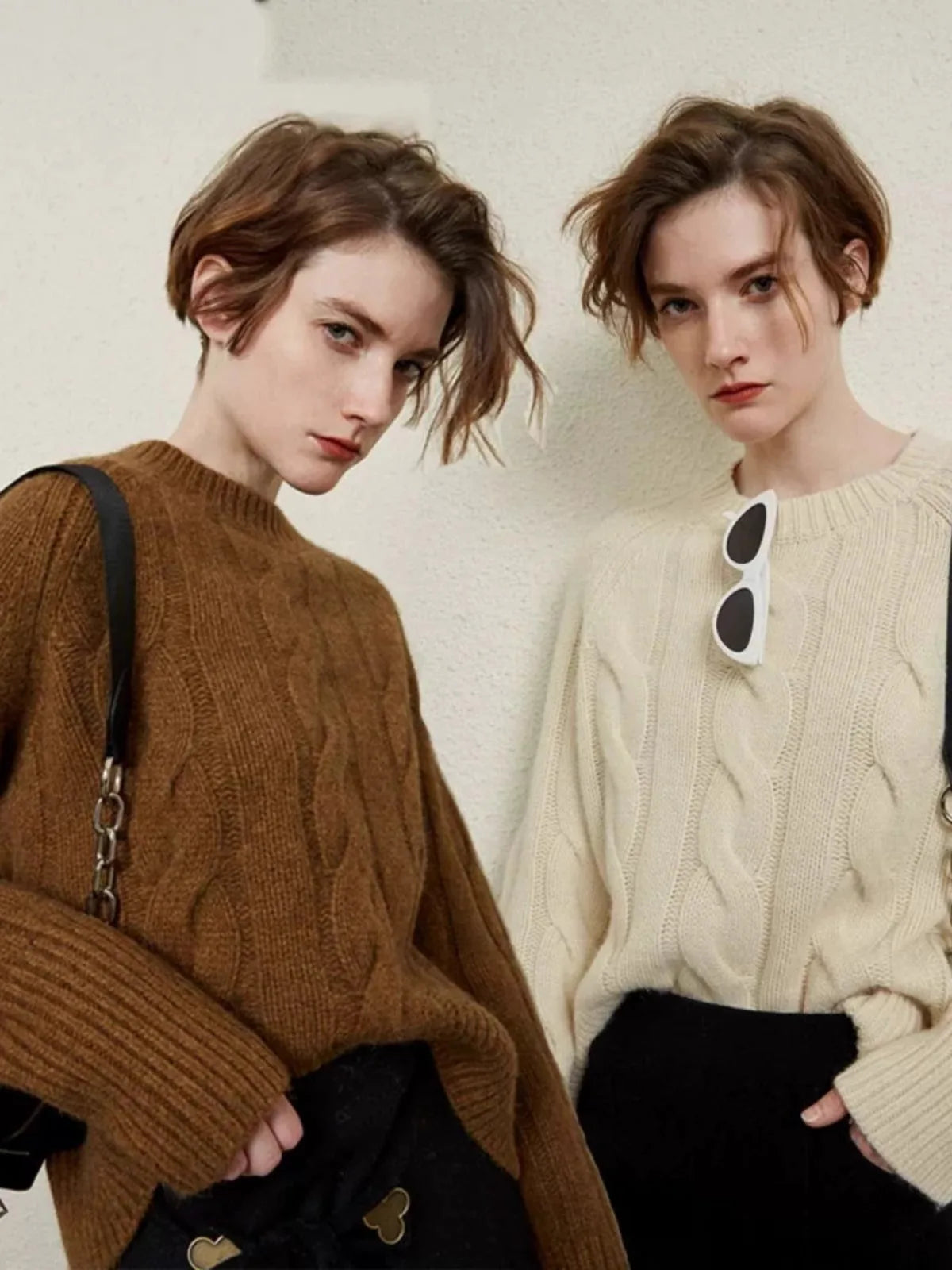 European autumn and winter cashmere sweater women's crewneck twist sweater loose cover to wear pure wool knitted bottom thick