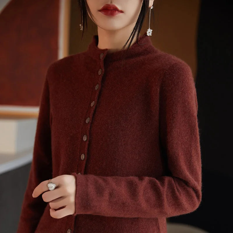 Women's Wool Solid Long-Sleeve Button-Front Knit Cardigan for Autumn Winter Layered Outfits
