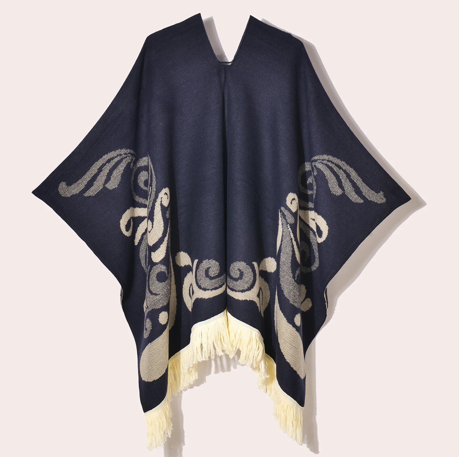 Geometric Pattern Fringe Poncho for Layering over Outfits