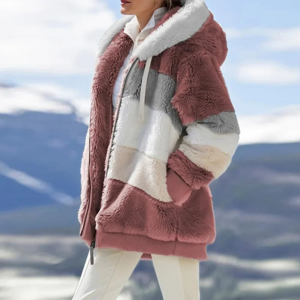 Women's Hooded Plaid Patchwork Zip-Front Jacket