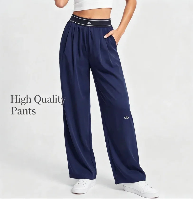 Women's Drawstring Waist Polyester Blend Wide Leg Pants for Casual Workouts