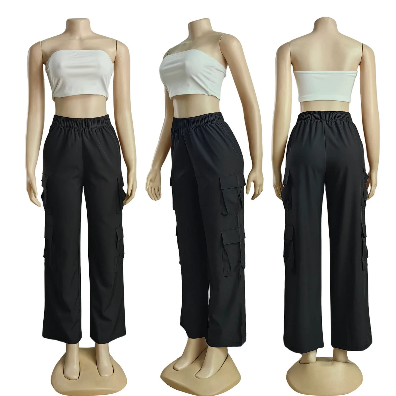 Women's Straight Cargo Pants with Elastic Waist and Large Side Pockets