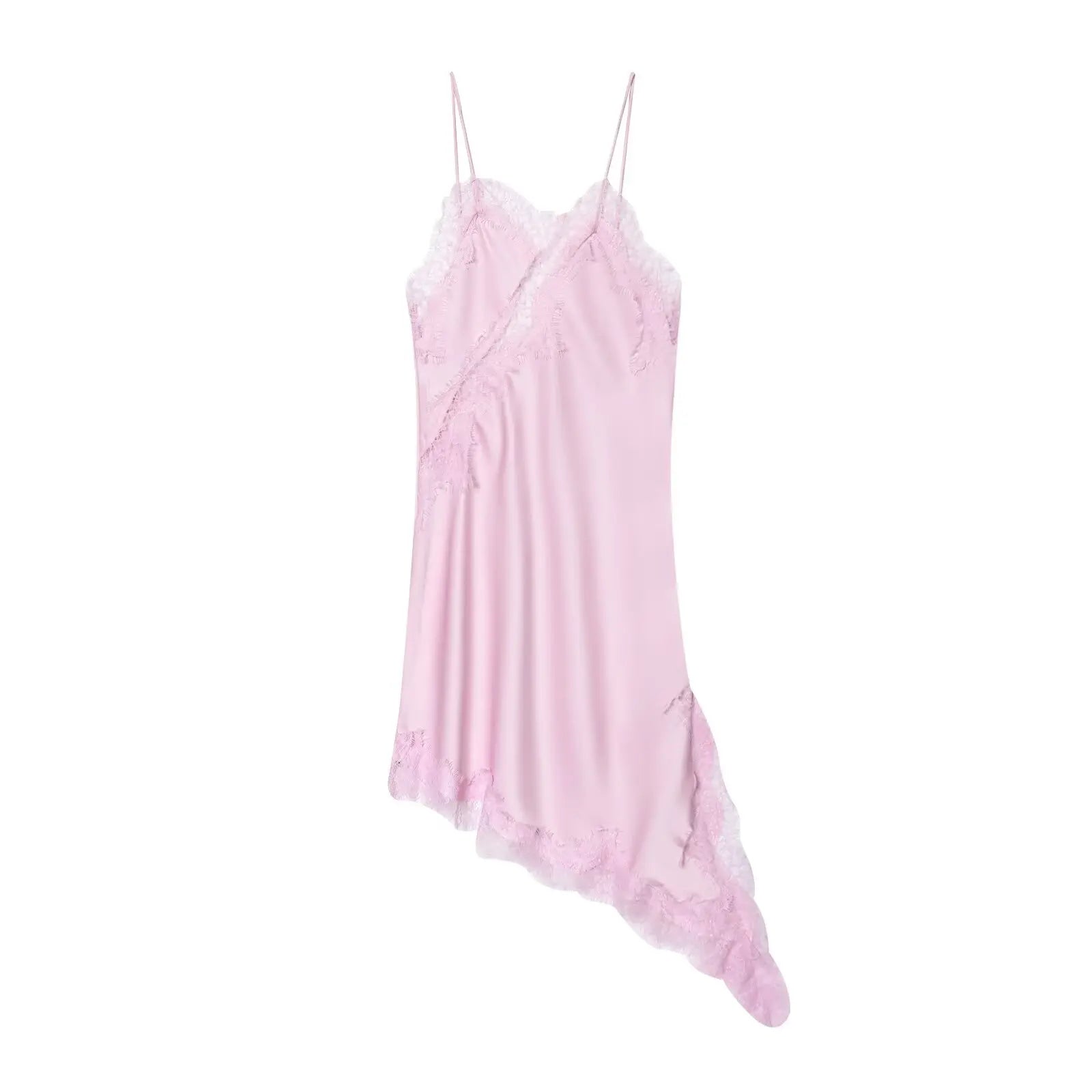 Women's Lace Trim Satin Polyester Camisole with Asymmetric Hem and Length Options