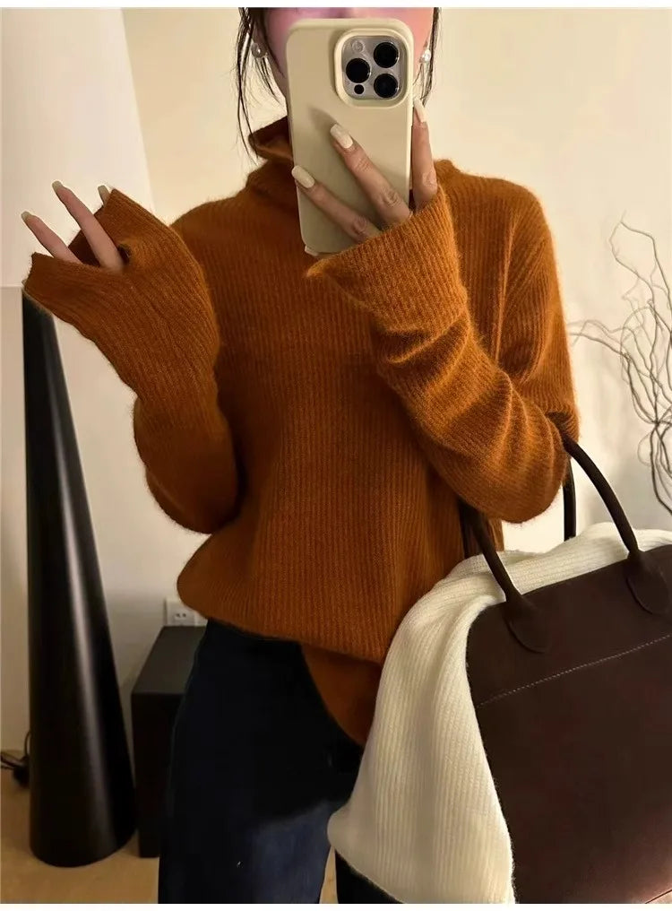 Foreign style autumn and winter turtleneck 100% pure cashmere sweater women lazy loose thick jumper knitted wool base shirt