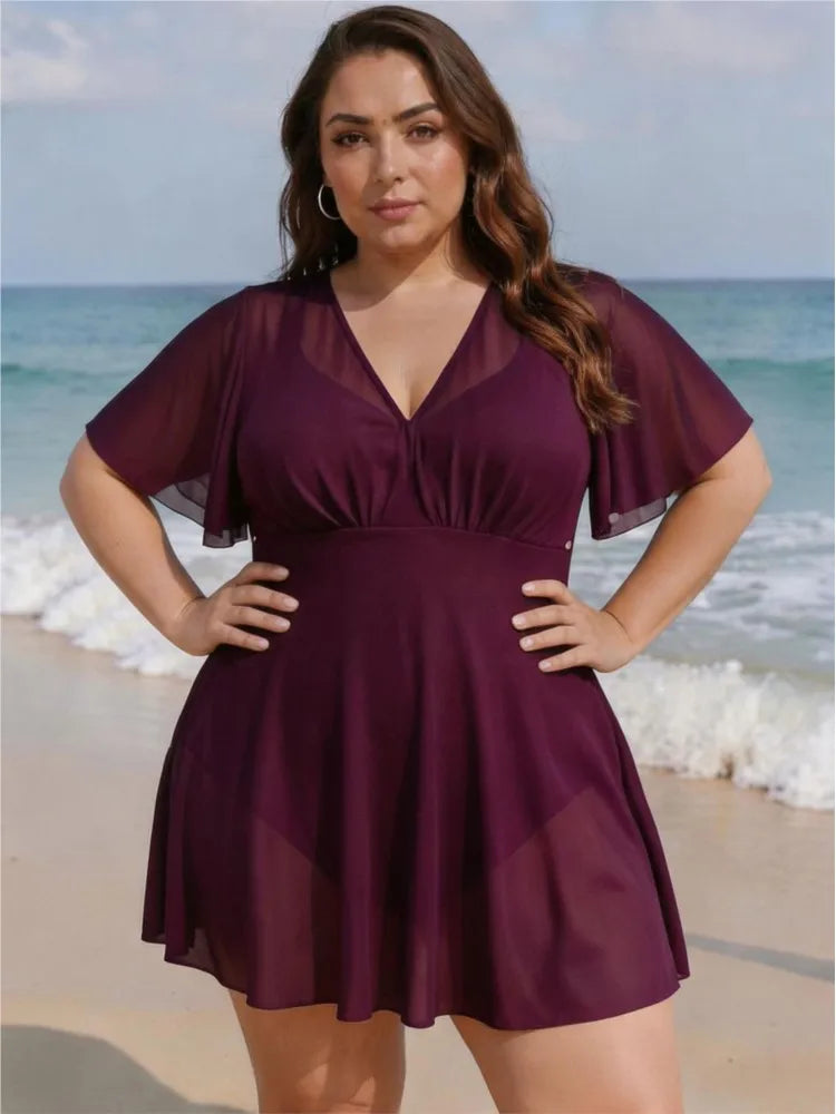 Women's Flutter Sleeve V Neck Skirted Swimdress Bathing Suit