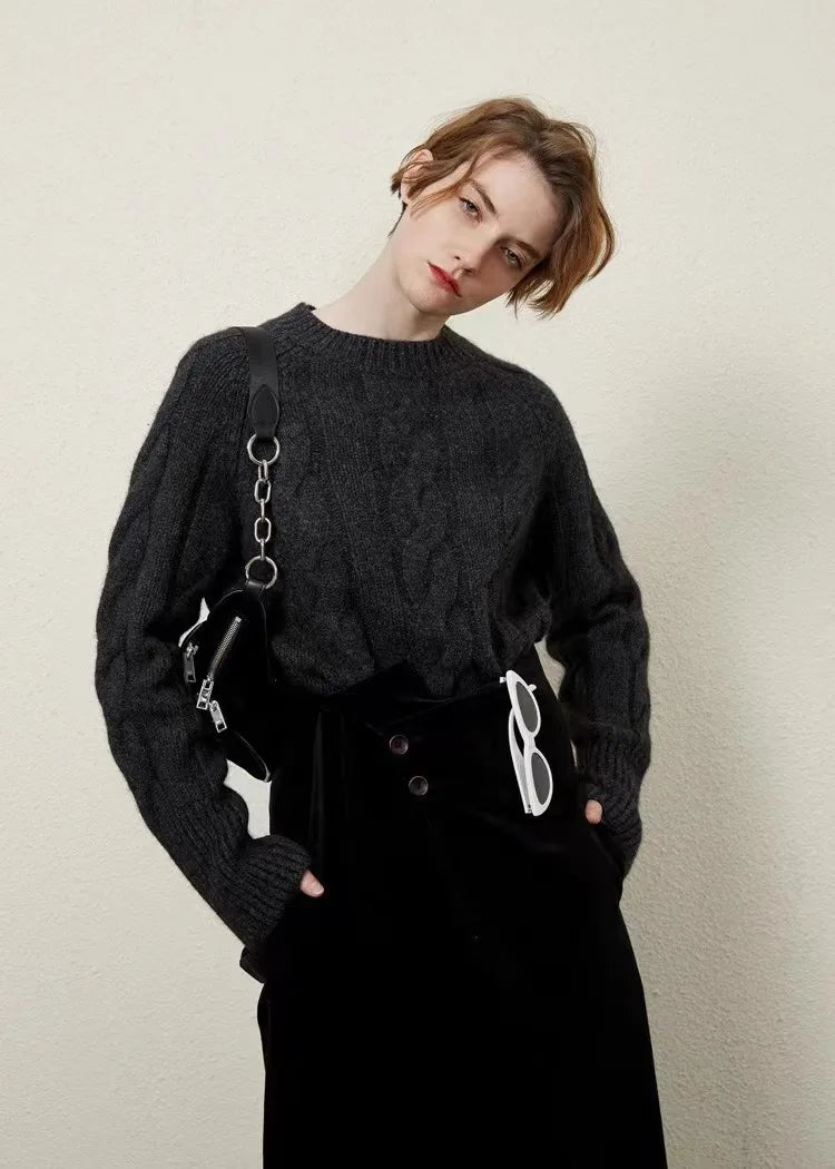 European autumn and winter cashmere sweater women's crewneck twist sweater loose cover to wear pure wool knitted bottom thick