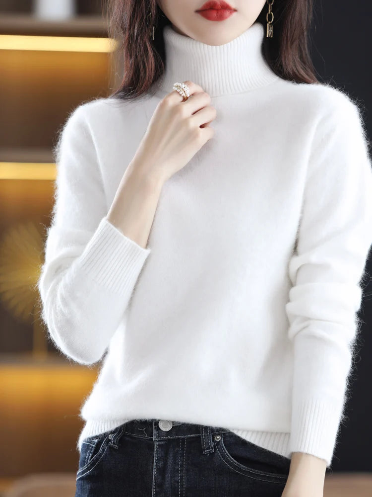 Women's Plain Roll Neck Long Sleeve Sweater Casual Knit Layer