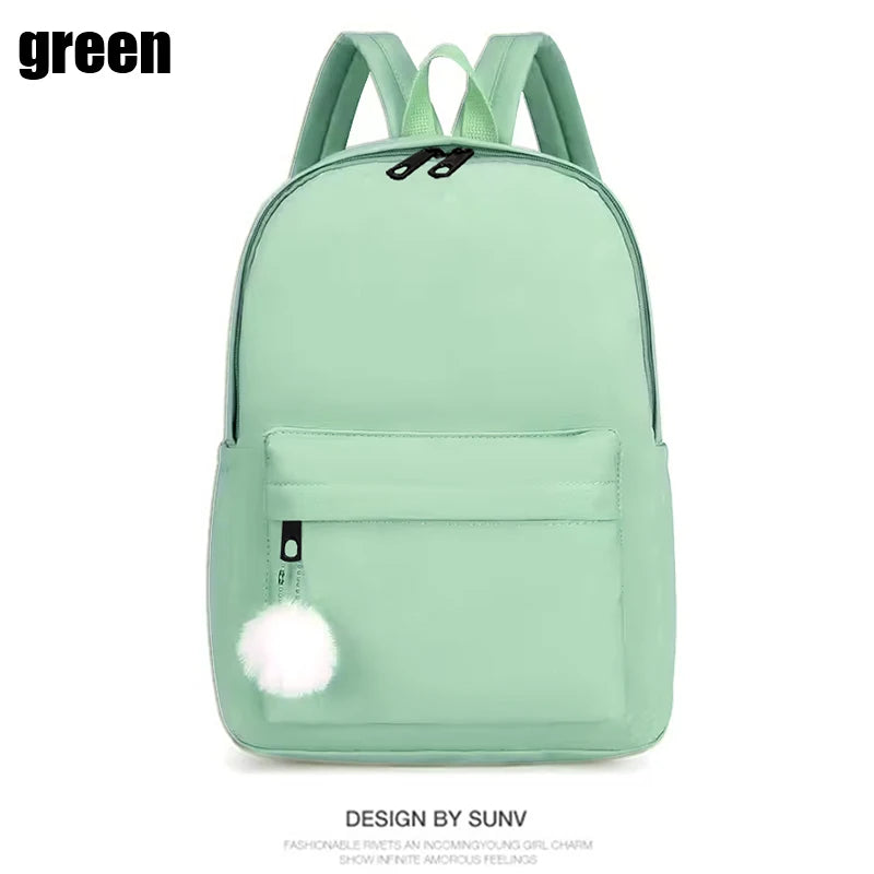 Solid Colour Backpack with Front Pocket and Fluffy Ball Decoration