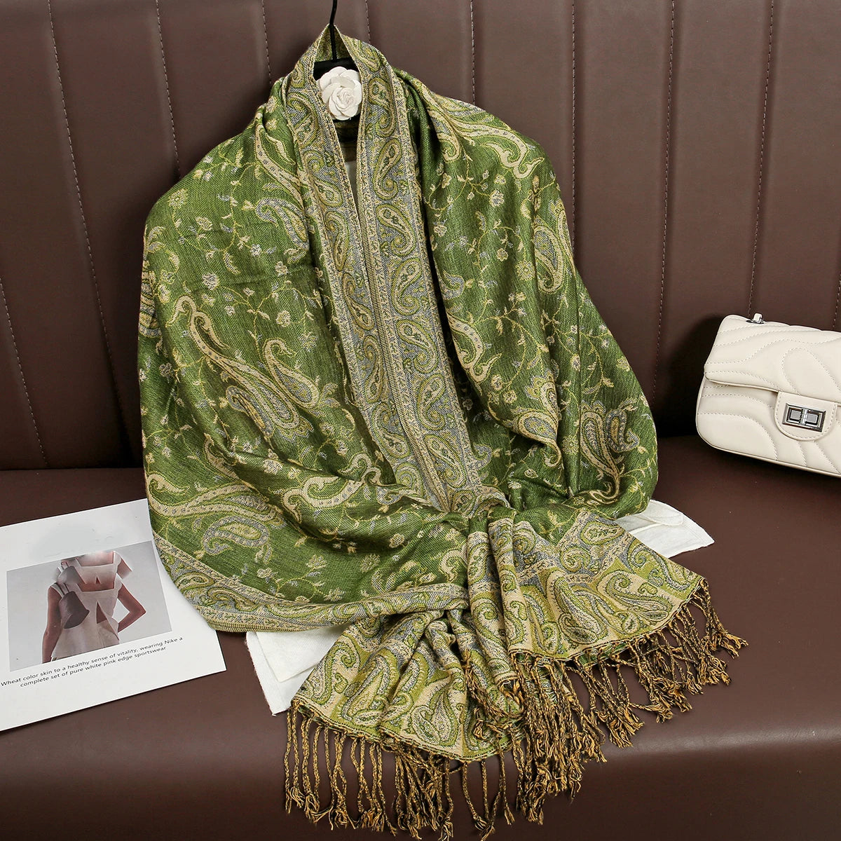 Paisley Floral Print Long Scarf with Fringed Ends