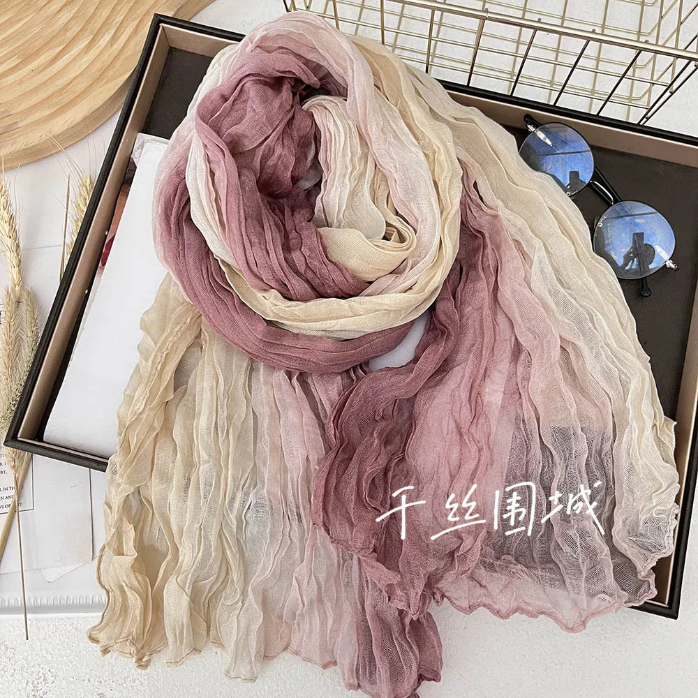 Gradient Crinkled Long Scarf with Rectangular Wrap Shape