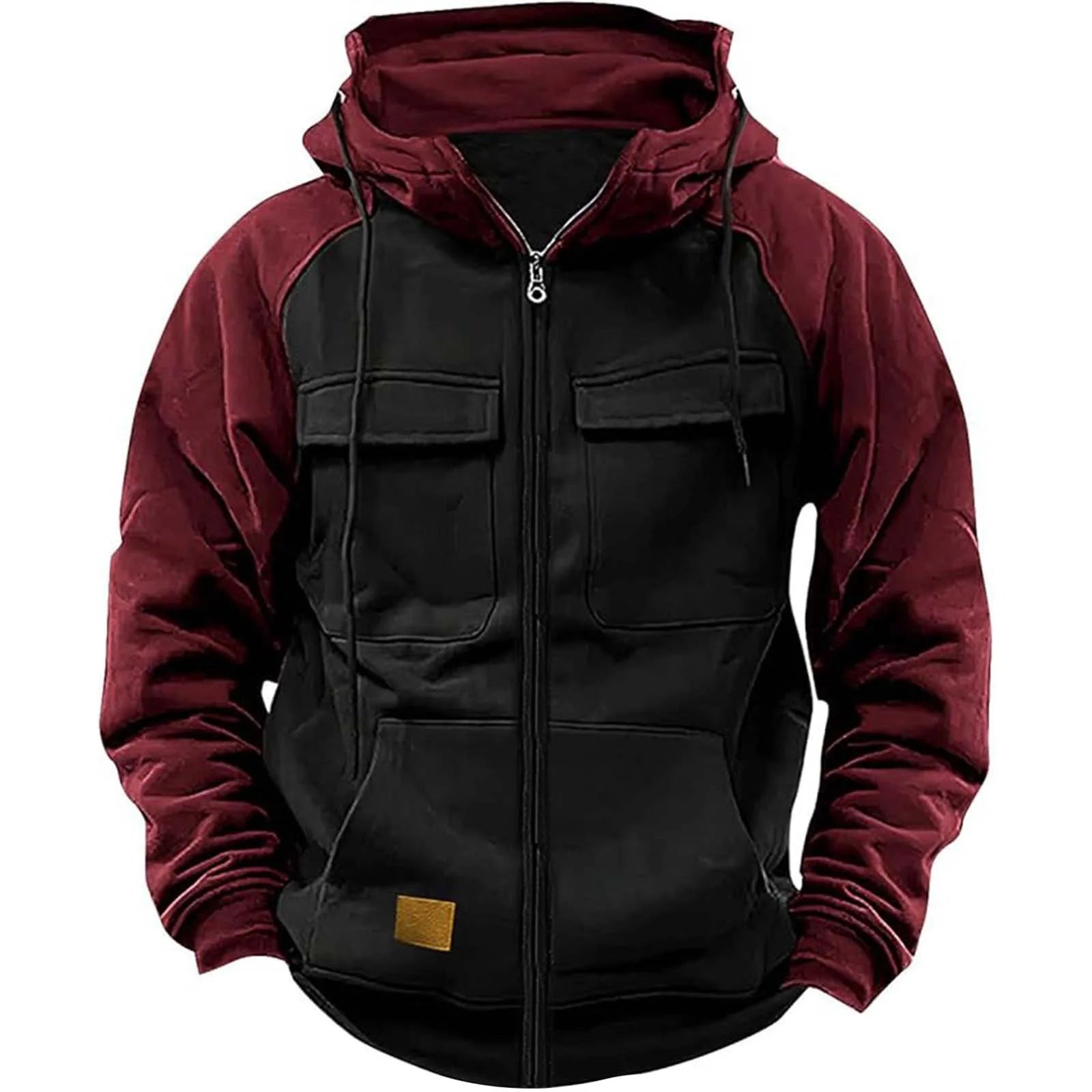 Men's Multi-Pocket Patchwork Long-Sleeve Zip-Front Hoodie