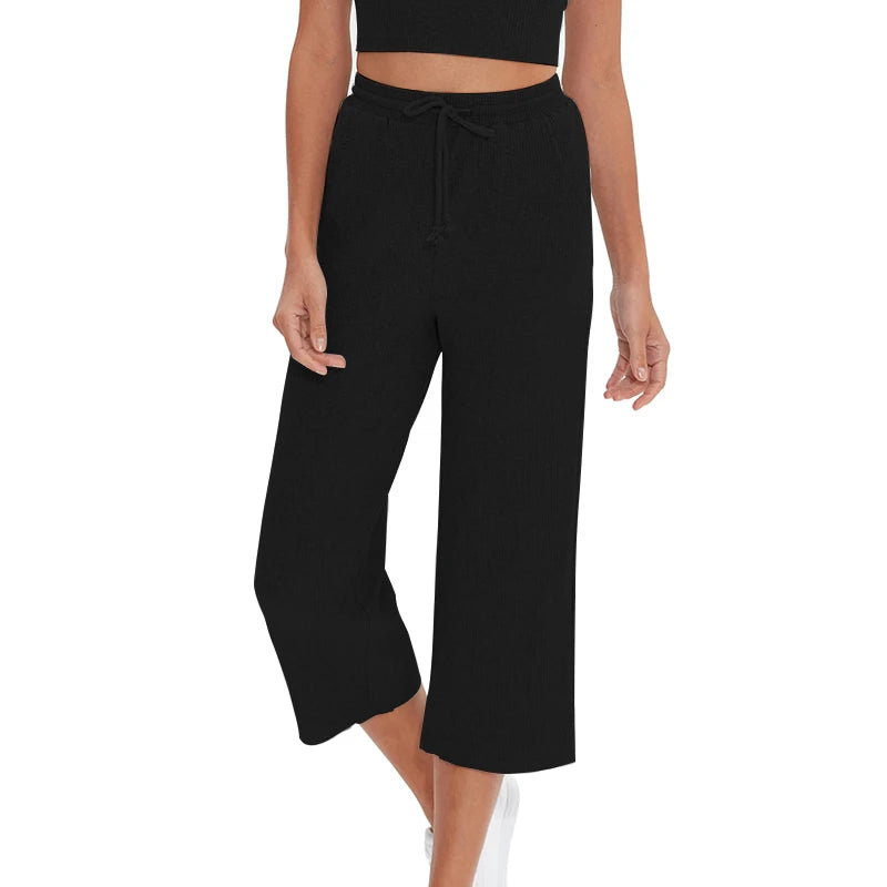 Women's 94% Cotton Loose High-Waist Wide-Leg Pants with Side Pockets and Drawstring