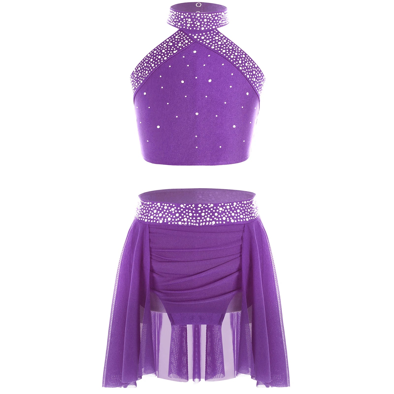 Girls' Lyrical Dance Costume Styles with Rhinestones and Skirted Outfit Options