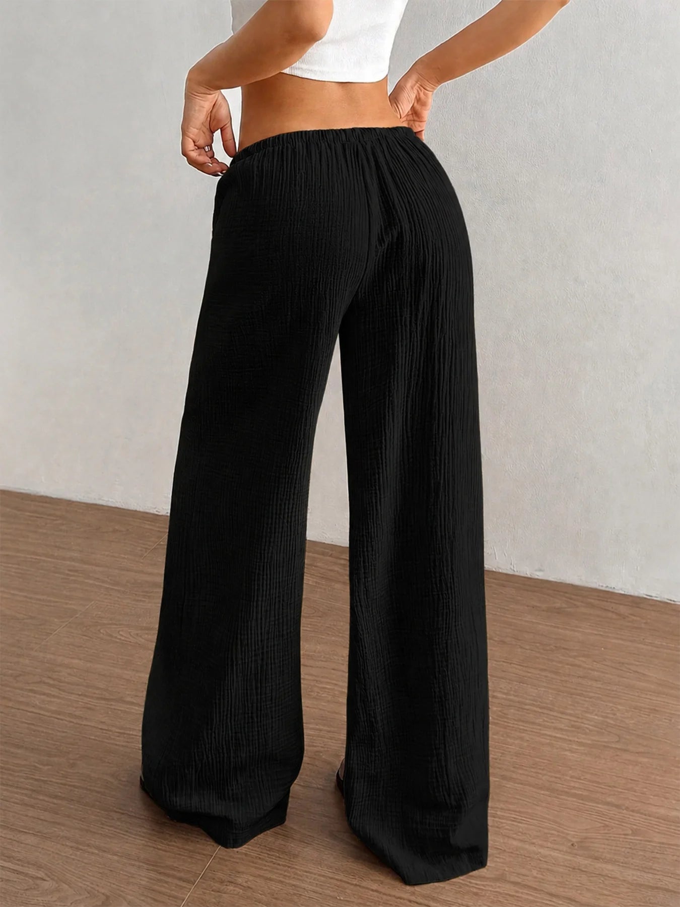 Women's Crinkle Textured Polyester Blend Palazzo Pants with Elastic Waist